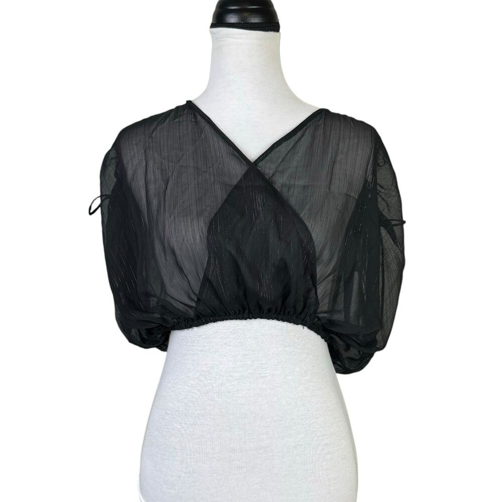 ZARA NWT Metallic Thread Black Sheer Crossover Oversized Crop Top Blouse - Picture 5 of 12